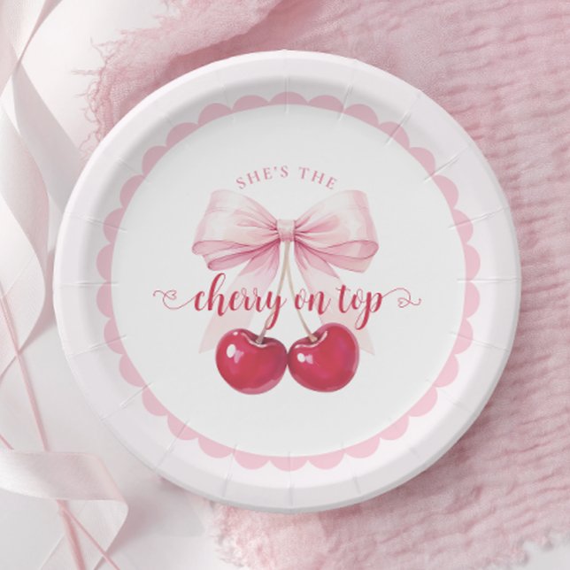 Pratos de Papel Pink Bow Cherry Baby Shower (Criador carregado)