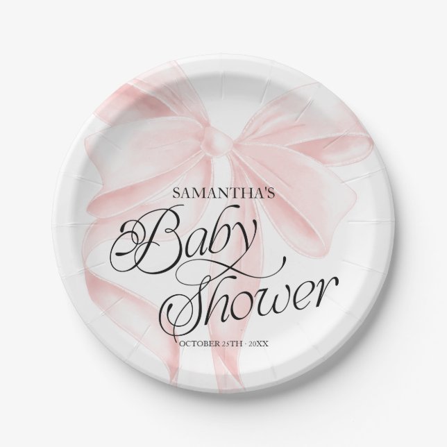 Pratos de Papel Pink Coquette Bow Baby Shower (Frente)