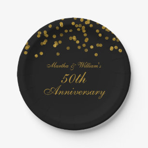 Pratos de Papel Preto Dourado Confete 50º Aniversá