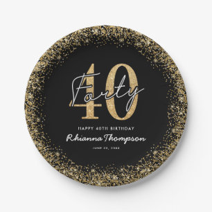 Pratos de Papel Preto Elegante Dourado Aniversário