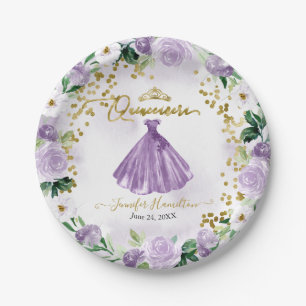 Pratos de Papel Quinceanera Roxo Floral Vestido