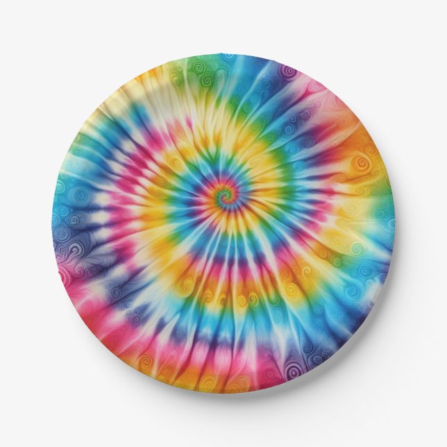 Pratos de papel retrô tie-dye arco-íris psicodélic (Frente)