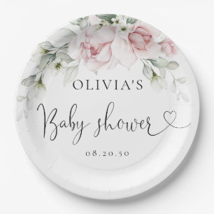 Pratos de Papel Rosa Bege Floral para Chá de Bebê