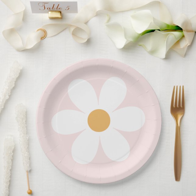 Pratos de papel rosa claro boho retro margarida (Casamento)