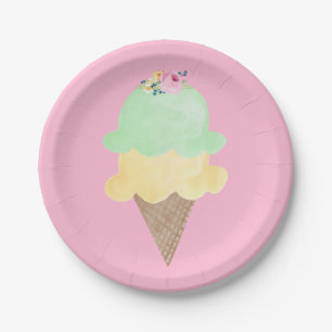 Pratos de Papel Rosa Cone de Sorvete Aquarela