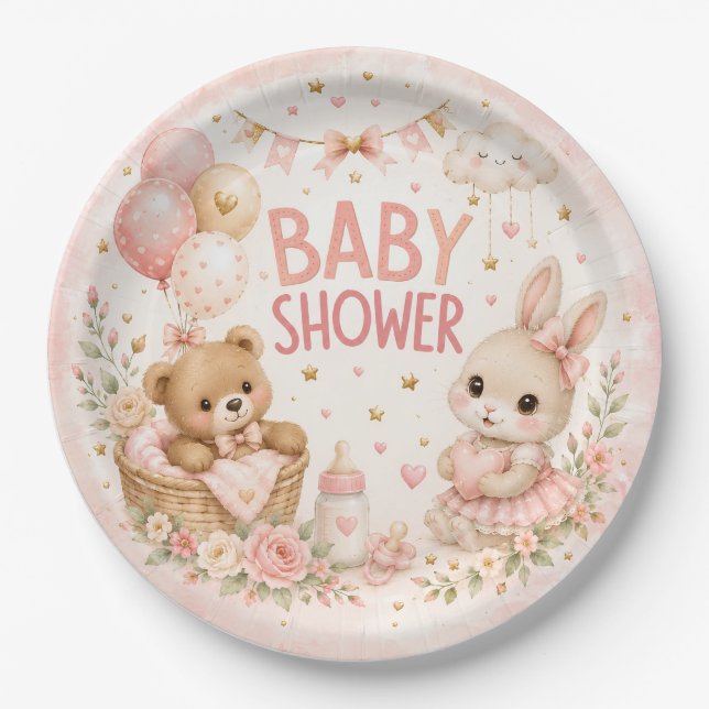Pratos de Papel Rosa Fofo para Chás de Bebê | Agua (Frente)