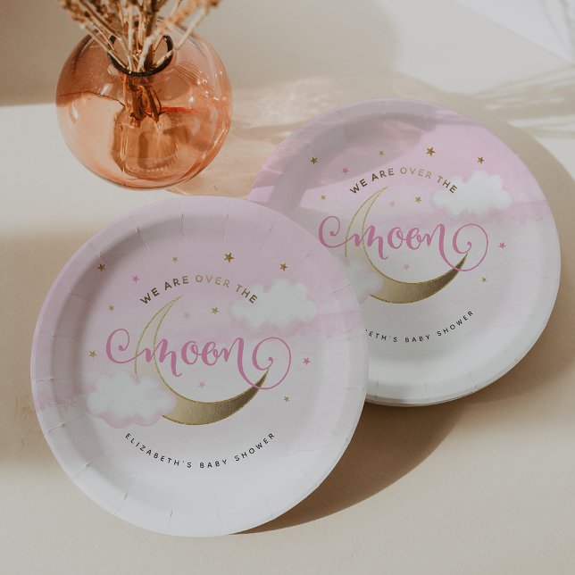 Pratos de Papel Rosa Lua Cheia (Pink Over the Moon Baby Shower Paper Plates
#OverTheMoon)