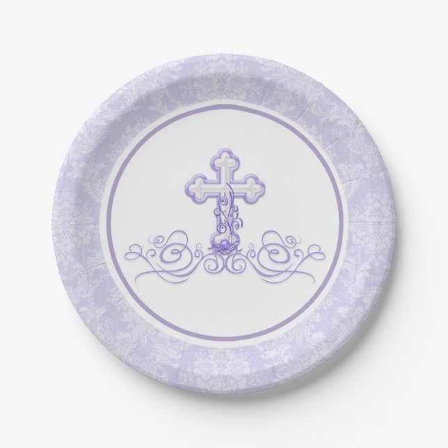 Pratos de papel Roxo Lavanda para Batismo (Frente)