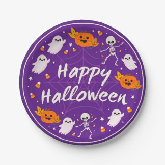 Pratos de papel roxos Feliz Halloween