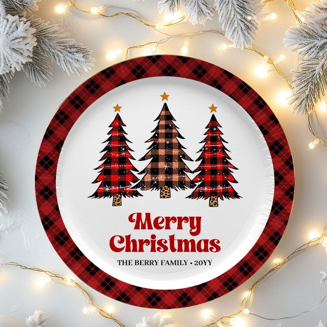 Pratos de Papel Rústicos de Natal com Xadrez e Árv (Charming Rustic Plaid Tree Christmas Paper Plates)