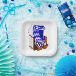 Pratos de Papel Tema Cadeira de Praia Azul e Branc