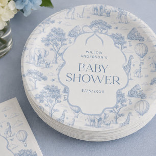 Pratos de Papel Toile De Jouy Safari Azul Bebê Chá