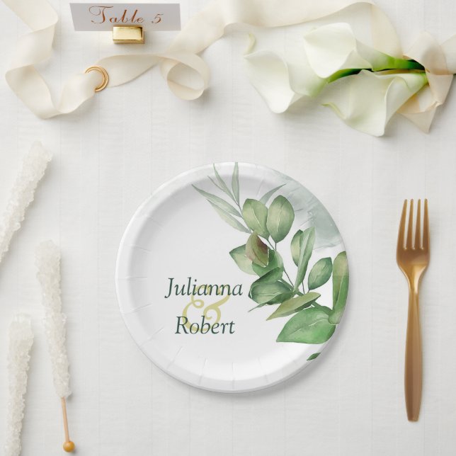 Pratos de papel verde de eucalipto (Casamento)