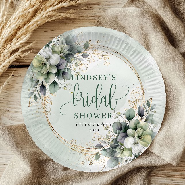 Pratos de Papel Verde Dourado para Chá de Noiva em (Watercolor Green Gold Bridal Shower Paper Plates)