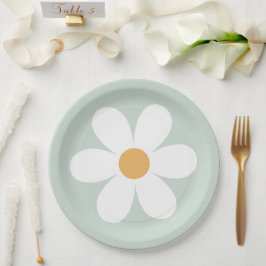 Pratos de papel verde retro margarida boho
