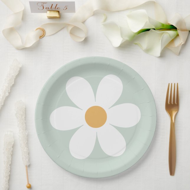 Pratos de papel verde retro margarida boho (Casamento)