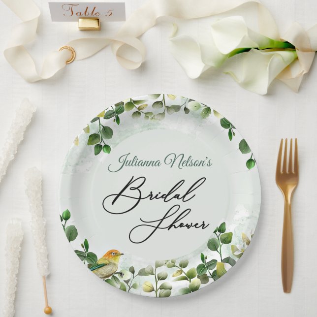 Pratos de papel verdes e de pássaros (Casamento)