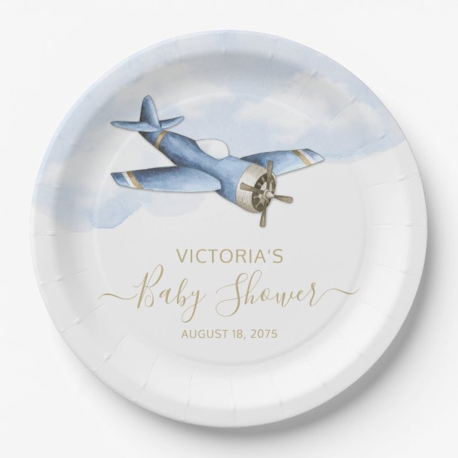 Pratos de papel Vintage Airplane Baby Shower (Frente)