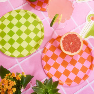 Pratos de Papel Xadrez Rosa e Laranja para Festa