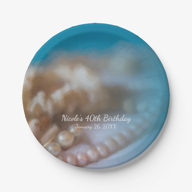 Pratos de Praia Elegantes Pintados Conchas e Pérol (Frente)