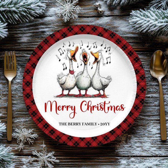 Pratos Divertidos de Natal com Gansos Travessos (Christmas Whimsical Silly Geese Playful Plates Set)