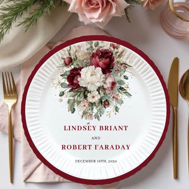 Pratos Florais Dourados Marsala Boho Chic com Folh (Chic Boho Marsala Floral Greenery Gold Plates)