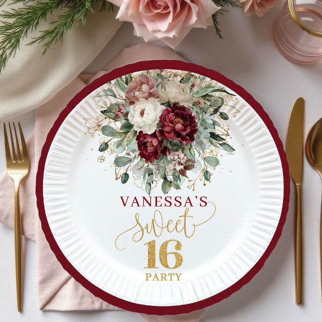 Pratos Florais Rosa Bege Burgundy Boho Sweet Sixte (Boho Sweet Sixteen Blush Burgundy Floral Plates)