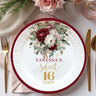 Pratos Florais Rosa Bege Burgundy Chic para Sweet 