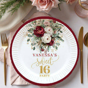 Pratos Florais Rosa Bege Burgundy Sweet 16 Moderno