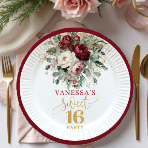 Pratos Florais Rosa Bege e Borgonha Sweet 16 Moder