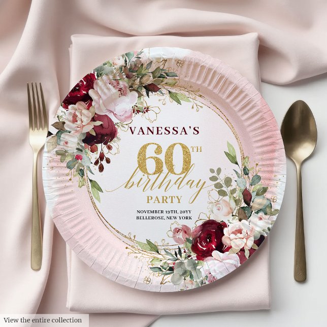 Pratos Minimalistas Boho Vermelho Escuro com Rosas (Minimalist Boho Deep Red Blush Gold Roses Plates

)