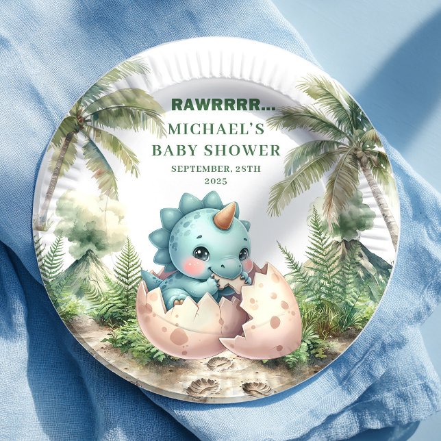 Pratos para Chá de Bebê de Ovo de Dinossauro Adorá (Adorable Dino Egg Baby Shower Hatching Soon Plates)