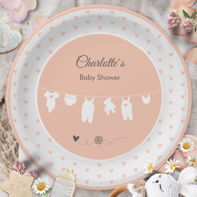 Pratos para Chá de Bebê Menina Boho Corações Cor d (Blush Peach Hearts Boho Baby Girl Shower Plates ©Susanne Sachers - Sunny Mind 🌞)