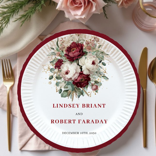 Pratos Sofisticados Boho Bordeaux com Flores Doura (Sophisticated Boho Burgundy Floral Gold Plates)