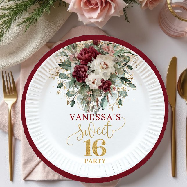 Pratos Soft Sweet 16 Blush Burgundy Eucalipto (Soft Sweet 16 Blush Burgundy Eucalyptus Plates)