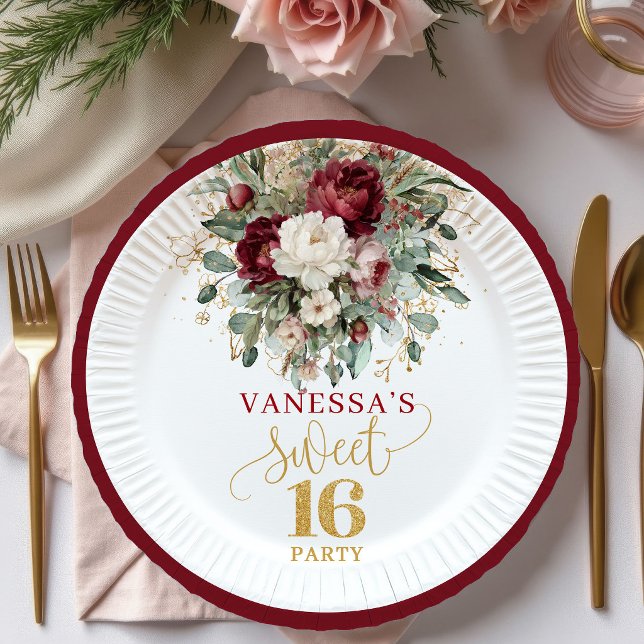 Pratos Sonho Doce Dezesseis Bege Borgonha (Dreamy Sweet Sixteen Blush Burgundy Plates)