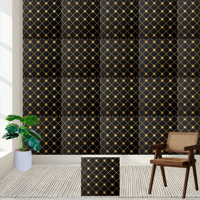 Pré-disquete preto e Azulejo geométrico Dourado (Preppy Black and Gold Geometric Tile)