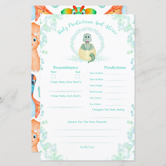 Predições E Conselhos De Chá de fraldas De Dinossa (Frente/Verso)