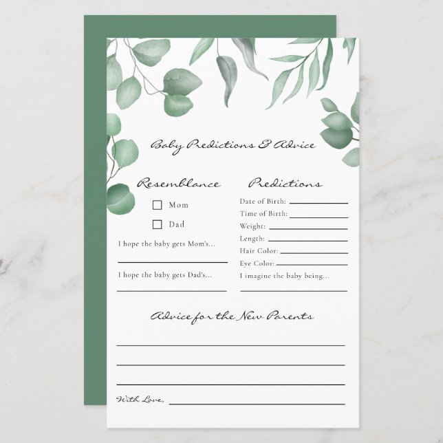 Predições e conselhos do jogo do Chá de fraldas Eu (Frente/Verso)