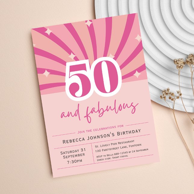 Premium 50º Aniversário - Retrato rosa do Convite (50th Birthday Invitation, 50 and fabulous retro pink fifty party fun bright colorful)