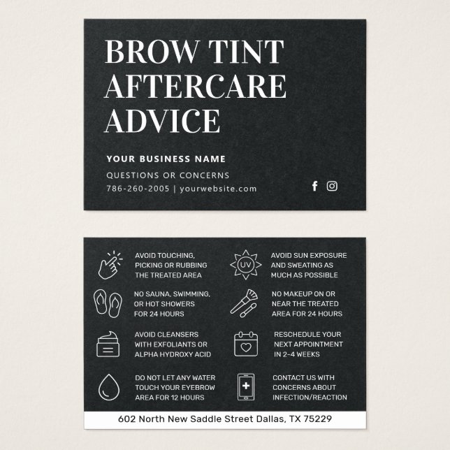Premium Black Brow Tint Aftercare Card (Frente & Verso)
