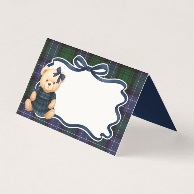 Preppy Coquette Bow Bear Tartan Plaid Place Card (Frente)