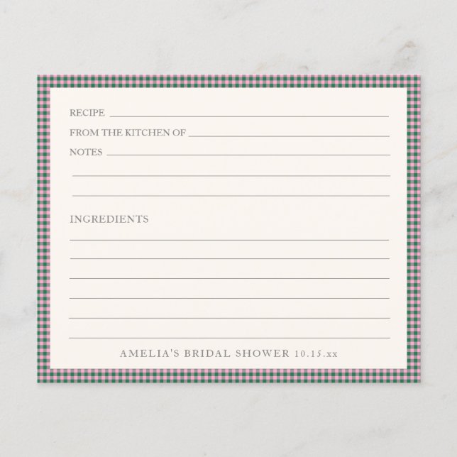 Preppy Pink Green Gingham Shower Recipe Card (Frente)