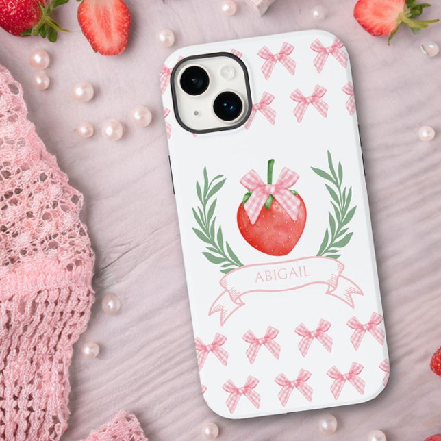 Preppy Strawberry Pink Gingham Arcos Personalizado (Personalized iphone case with pink gingham bows and strawberry logo by Darling and May)