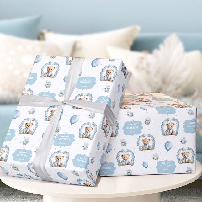 Presente Aniversário do Urso de Teddy Nome Papel Azul (Teddy Bear Birthday Boy Name Blue Wrapping Paper)