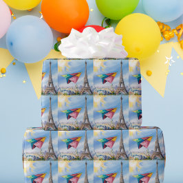 Presente Avião de Papel Voando em Paris, Colorido, Aquarela