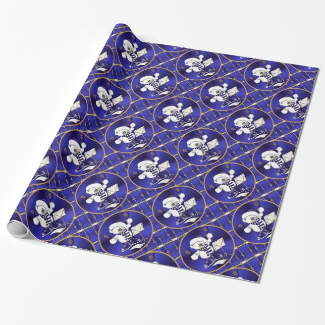 Presente Azul do urso do Natal e papel de envolvimento (Desenrolado)