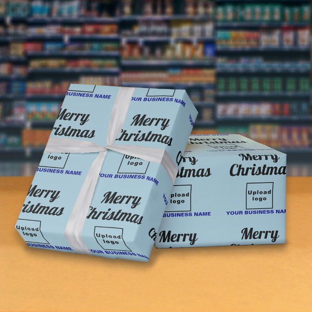 Presente Azul | Padrão | Papel de moldagem de Natal (Business name and logo with Merry Christmas greeting on light blue wrapping paper)