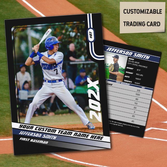 Presente Azul Personalizado do Cartão de Venda do  (Baseball Player Trading Card in Black with Custom Team Name and Blue White Elements)