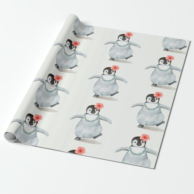 PRESENTE BABY PENGUIN COM UM PAPEL DE EMBALAGEM DE FLORES (Desenrolado)